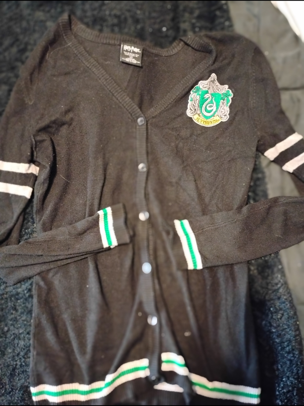 Slytherin Crest Black Cardigan with Green Trim
